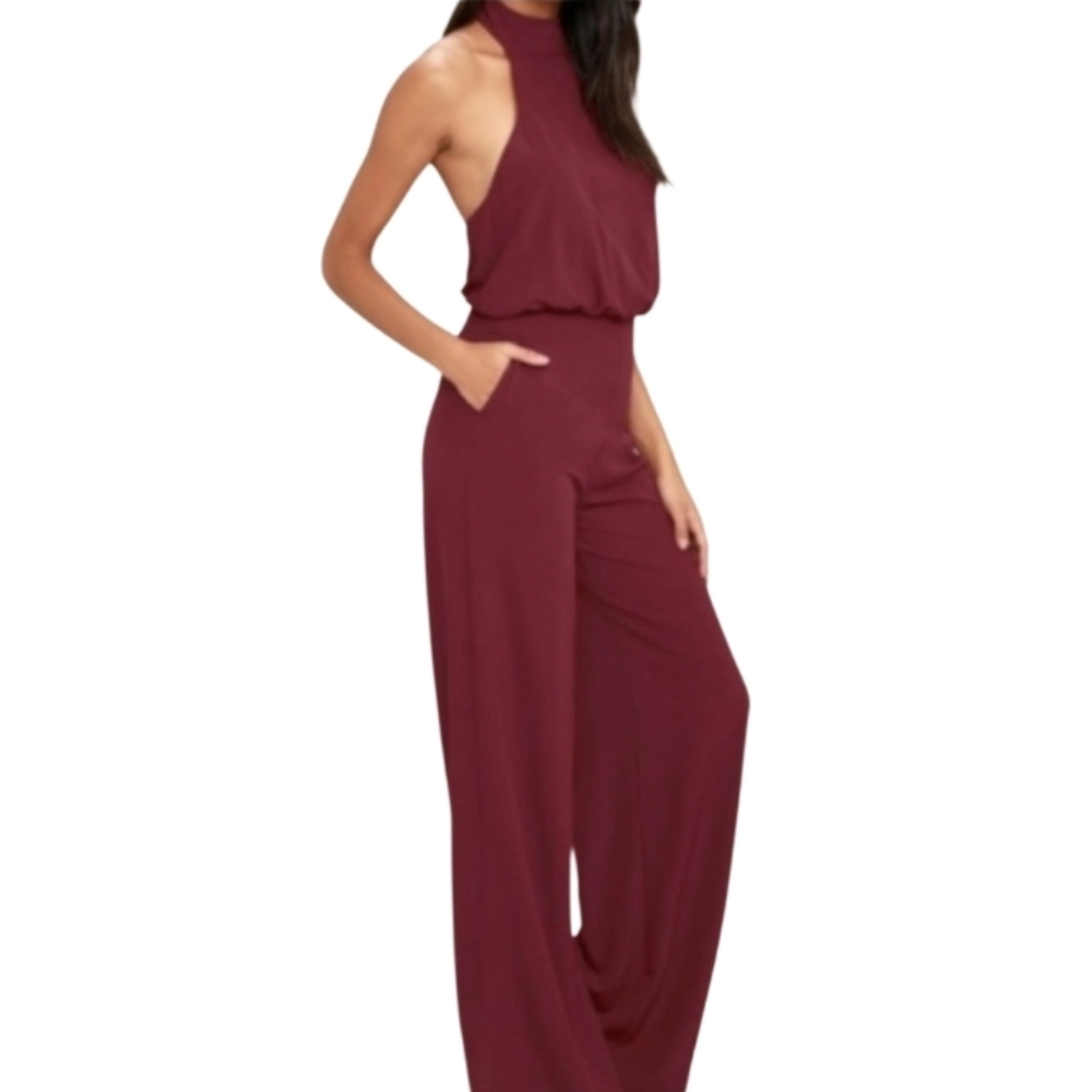 Lulus Moment For Life Burgundy Halter Jumpsuit Pantsuit Size Small